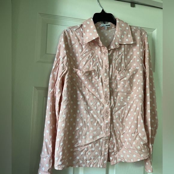 Pink & White Polka Dots Long Sleeve Button Down Top - Picture 6 of 8